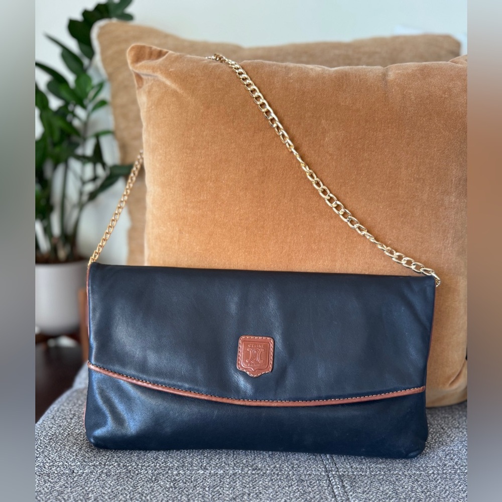 Celine Black Vintage Leather Envelope Clutch with Brown Trim - Picture 14 of 14